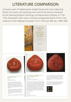 Lot 115 - A CINNABAR LACQUER PEACH-FORM BOX AND COVER DEPICTING SHOULAO, 18TH CENTURY