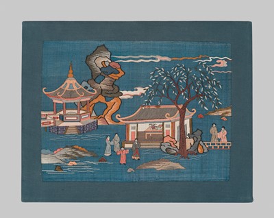 A FINE BLUE GROUND KESI ‘TERRACED GARDEN’ PANEL, EARLY QING DYNASTY