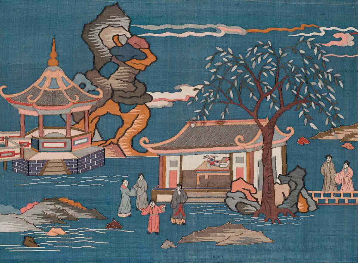 A FINE BLUE GROUND KESI ‘TERRACED GARDEN’ PANEL, EARLY QING DYNASTY