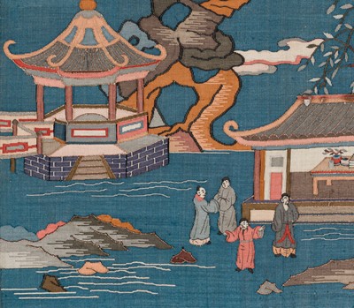 A FINE BLUE GROUND KESI ‘TERRACED GARDEN’ PANEL, EARLY QING DYNASTY