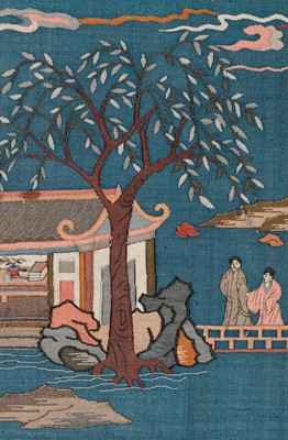 A FINE BLUE GROUND KESI ‘TERRACED GARDEN’ PANEL, EARLY QING DYNASTY