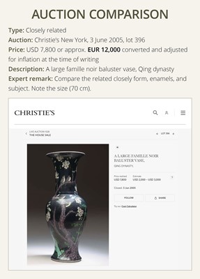 A LARGE FAMILLE NOIRE ‘MAGPIES AND PRUNUS’ PHOENIX TAIL PALACE VASE, YENYEN, 19TH CENTURY
