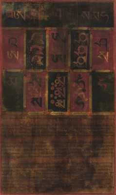 Lot 760 - A THANGKA WITH THE SIX-SYLLABLE SAMANTABHADRA MANTRA, 18TH - 19TH CENTURY