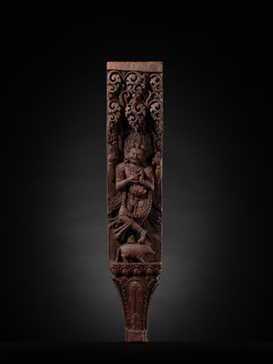 A WOOD STRUT DEPICTING THE FOUR-ARMED BHAIRAVA ATOP A BOAR, NEPAL, 17TH-18TH CENTURY