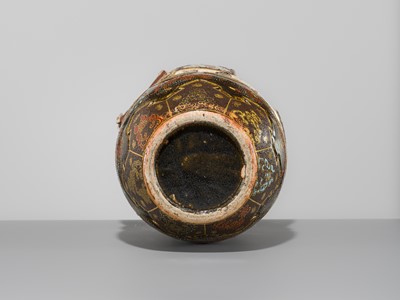 MAKUZU KOZAN: A GROUP OF FOUR LARGE MOLDED, GILT-DECORATED AND ENAMELED EARTHENWARE VASES WITH FROLICKING ANIMALS