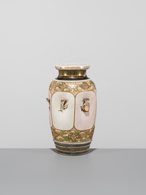 MAKUZU KOZAN: A GROUP OF FOUR LARGE MOLDED, GILT-DECORATED AND ENAMELED EARTHENWARE VASES WITH FROLICKING ANIMALS