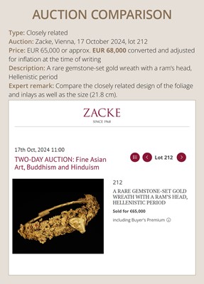 Lot 84 - A RARE GEMSTONE-SET GOLD WREATH WITH A STAG’S HEAD, HELLENISTIC PERIOD