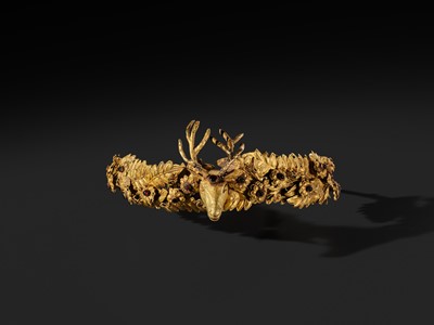 Lot 84 - A RARE GEMSTONE-SET GOLD WREATH WITH A STAG’S HEAD, HELLENISTIC PERIOD
