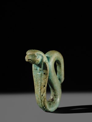 Lot 47 - A RARE URAEUS AMULET OF WADJET AND NEKHBET, TURQUOISE-BLUE FAIENCE, LATE PERIOD