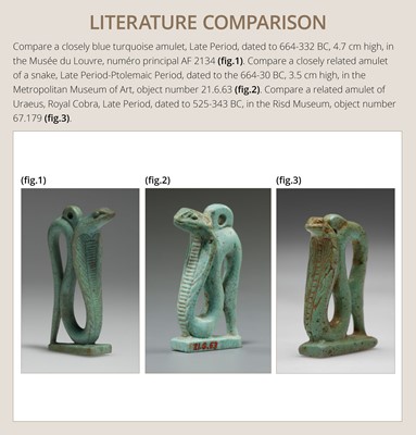 Lot 47 - A RARE URAEUS AMULET OF WADJET AND NEKHBET, TURQUOISE-BLUE FAIENCE, LATE PERIOD