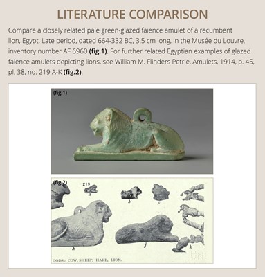 Lot 52 - A TURQUOISE-GLAZED FAIENCE AMULET OF A RECUMBENT LION, LATE PERIOD