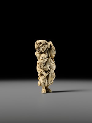 Lot 107 - A GOOD IVORY NETSUKE OF OMORI HIKOSHICHI ENCOUNTERING THE DEMONESS