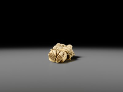 Lot 107 - A GOOD IVORY NETSUKE OF OMORI HIKOSHICHI ENCOUNTERING THE DEMONESS