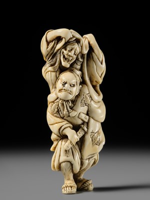 Lot 107 - A GOOD IVORY NETSUKE OF OMORI HIKOSHICHI ENCOUNTERING THE DEMONESS