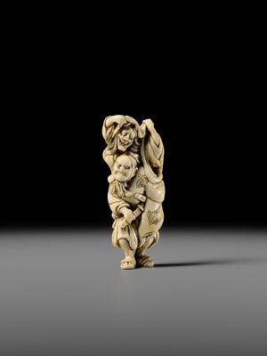 Lot 107 - A GOOD IVORY NETSUKE OF OMORI HIKOSHICHI ENCOUNTERING THE DEMONESS