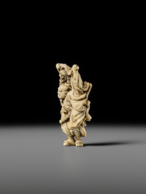 Lot 107 - A GOOD IVORY NETSUKE OF OMORI HIKOSHICHI ENCOUNTERING THE DEMONESS