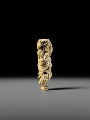 Lot 107 - A GOOD IVORY NETSUKE OF OMORI HIKOSHICHI ENCOUNTERING THE DEMONESS