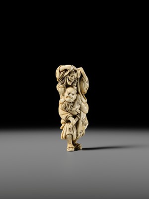 Lot 107 - A GOOD IVORY NETSUKE OF OMORI HIKOSHICHI ENCOUNTERING THE DEMONESS