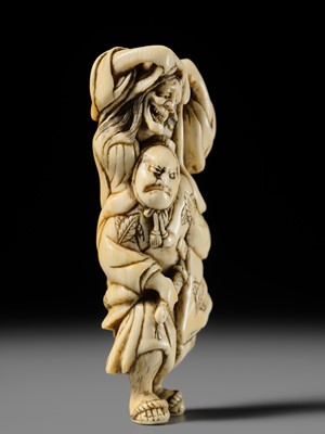 Lot 107 - A GOOD IVORY NETSUKE OF OMORI HIKOSHICHI ENCOUNTERING THE DEMONESS