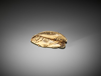 Lot 372 - KOSEN: A FINE IVORY NETSUKE OF TWO FISH AND BAMBOO