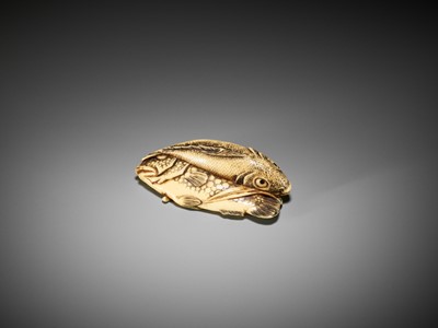 Lot 372 - KOSEN: A FINE IVORY NETSUKE OF TWO FISH AND BAMBOO