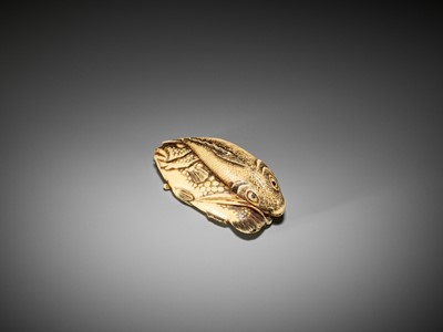 Lot 372 - KOSEN: A FINE IVORY NETSUKE OF TWO FISH AND BAMBOO