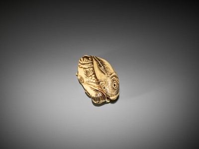 Lot 372 - KOSEN: A FINE IVORY NETSUKE OF TWO FISH AND BAMBOO