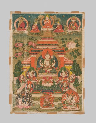 Lot 42 - A THANGKA DEPICTING SHADAKSHARI LOKESHVARA, MENRI STYLE, 18TH-19TH CENTURY
