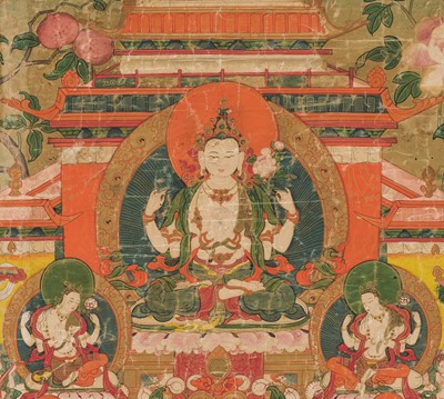 Lot 42 - A THANGKA DEPICTING SHADAKSHARI LOKESHVARA, MENRI STYLE, 18TH-19TH CENTURY