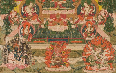 Lot 42 - A THANGKA DEPICTING SHADAKSHARI LOKESHVARA, MENRI STYLE, 18TH-19TH CENTURY