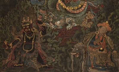 Lot 45 - A BLACK-GROUND THANGKA DEPICTING RAHULA, TIBET, 18TH TO EARLY 19TH CENTURY