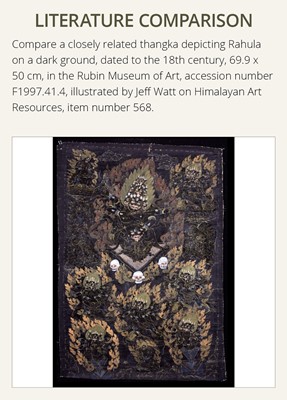 Lot 45 - A BLACK-GROUND THANGKA DEPICTING RAHULA, TIBET, 18TH TO EARLY 19TH CENTURY
