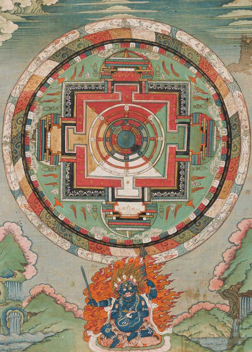 Lot 44 - A FINE THANGKA OF A MANDALA WITH CHATURBHUJA MAHAKALA, 18TH-19TH CENTURY