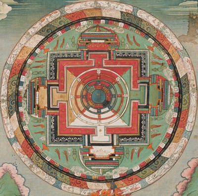 Lot 44 - A FINE THANGKA OF A MANDALA WITH CHATURBHUJA MAHAKALA, 18TH-19TH CENTURY