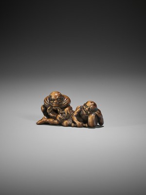 Lot 435 - A RARE WOOD NETSUKE OF RAIJIN AND FUJIN