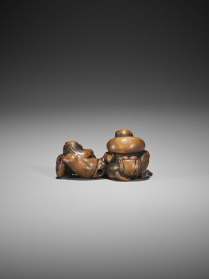 Lot 435 - A RARE WOOD NETSUKE OF RAIJIN AND FUJIN