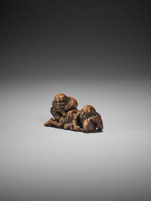 Lot 435 - A RARE WOOD NETSUKE OF RAIJIN AND FUJIN