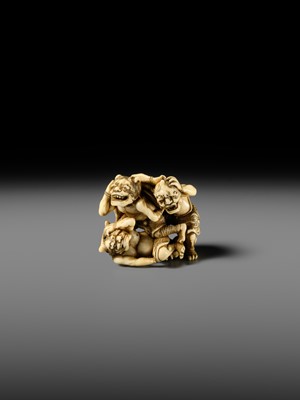 Lot 271 - GYOKKOSAI: A SUPERB IVORY NETSUKE OF THREE ONI AT SETSUBUN