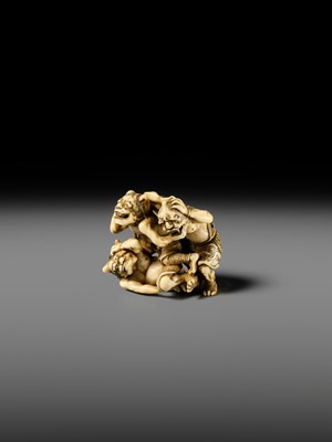 Lot 271 - GYOKKOSAI: A SUPERB IVORY NETSUKE OF THREE ONI AT SETSUBUN