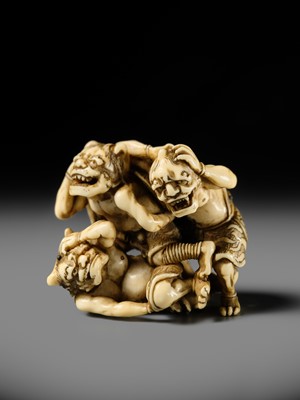 Lot 271 - GYOKKOSAI: A SUPERB IVORY NETSUKE OF THREE ONI AT SETSUBUN