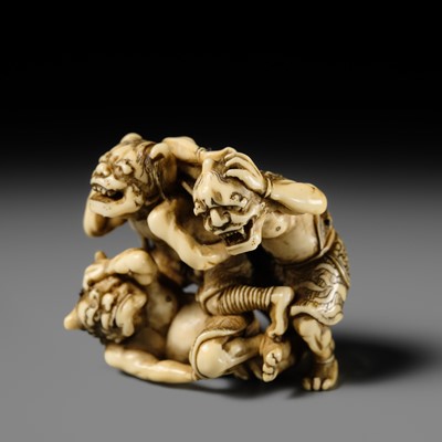 Lot 271 - GYOKKOSAI: A SUPERB IVORY NETSUKE OF THREE ONI AT SETSUBUN