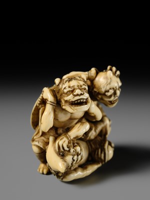 Lot 271 - GYOKKOSAI: A SUPERB IVORY NETSUKE OF THREE ONI AT SETSUBUN