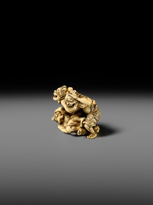 Lot 271 - GYOKKOSAI: A SUPERB IVORY NETSUKE OF THREE ONI AT SETSUBUN