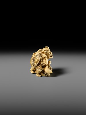 Lot 271 - GYOKKOSAI: A SUPERB IVORY NETSUKE OF THREE ONI AT SETSUBUN