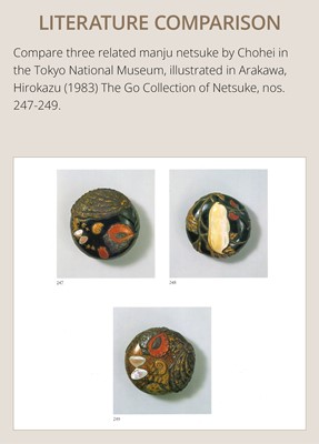 Lot 494 - NOMURA CHOHEI: A RARE LACQUERED AND INLAID CERAMIC NETSUKE OF A MORTAR WITH SHELLS