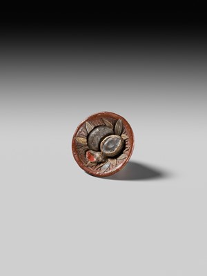 Lot 494 - NOMURA CHOHEI: A RARE LACQUERED AND INLAID CERAMIC NETSUKE OF A MORTAR WITH SHELLS