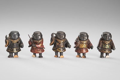 Lot 312 - A GROUP WITH FIVE LACQUERED FIGURES OF GOSHO NINGYO DOLLS