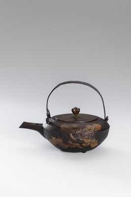 Lot 1 - A SILVER-INLAID IRON TETSUBIN (TEA KETTLE) WITH PINE BRANCHES