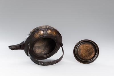 Lot 1 - A SILVER-INLAID IRON TETSUBIN (TEA KETTLE) WITH PINE BRANCHES