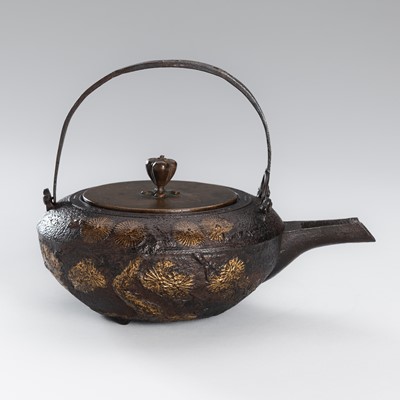 Lot 1 - A SILVER-INLAID IRON TETSUBIN (TEA KETTLE) WITH PINE BRANCHES